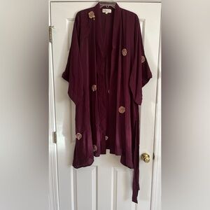 KANTHA BAE burgundy embellished silk kimono OS